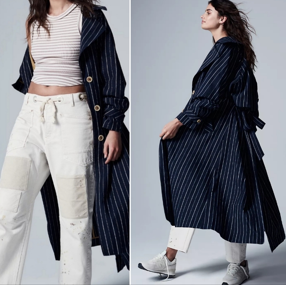 🆕️ Free People Melia Mac Linen Blend Pinstripe Trench Coat